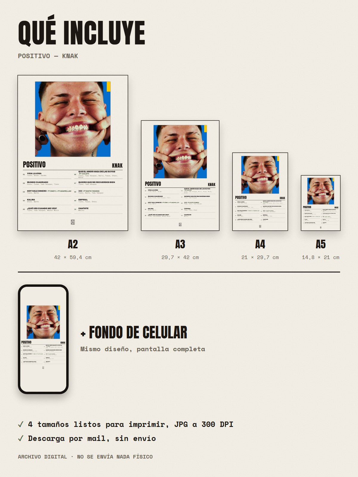 Qué incluye el póster de POSITIVO de Knak: A2, A3, A4, A5 y fondo de celular