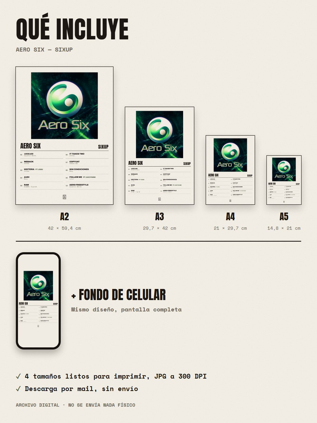 Qué incluye el póster de AERO SIX de SixUp: A2, A3, A4, A5 y fondo de celular