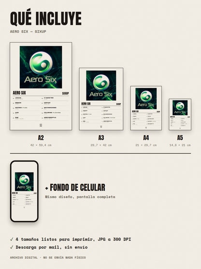 Qué incluye el póster de AERO SIX de SixUp: A2, A3, A4, A5 y fondo de celular