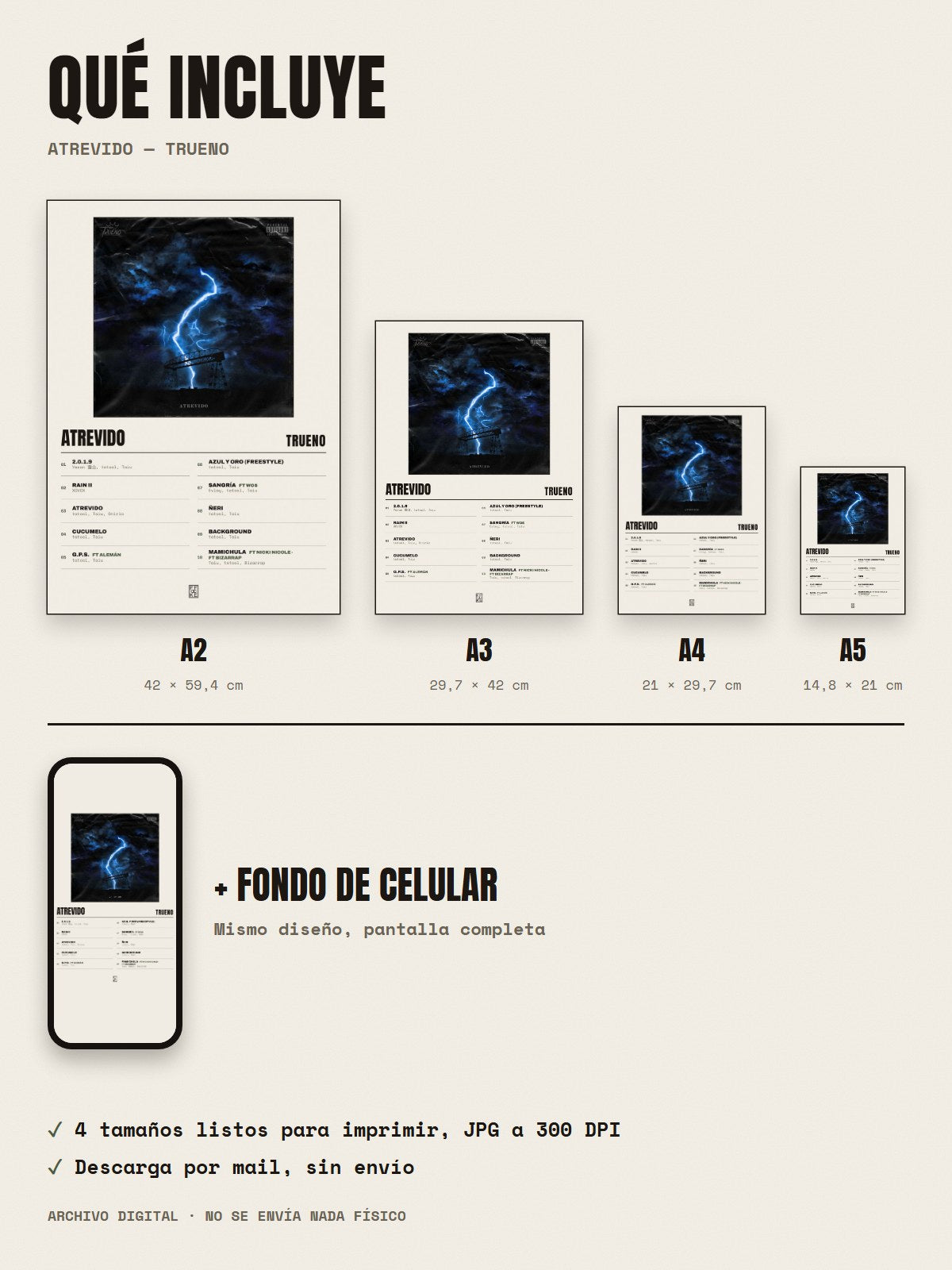 Qué incluye el póster de Atrevido de Trueno: A2, A3, A4, A5 y fondo de celular