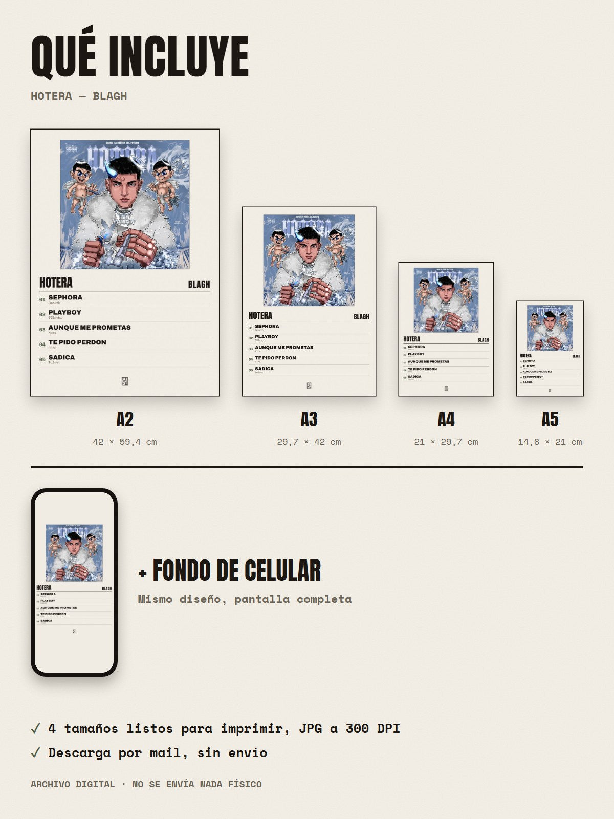 Qué incluye el póster de HOTERA de Blagh: A2, A3, A4, A5 y fondo de celular
