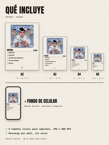 Qué incluye el póster de HOTERA de Blagh: A2, A3, A4, A5 y fondo de celular