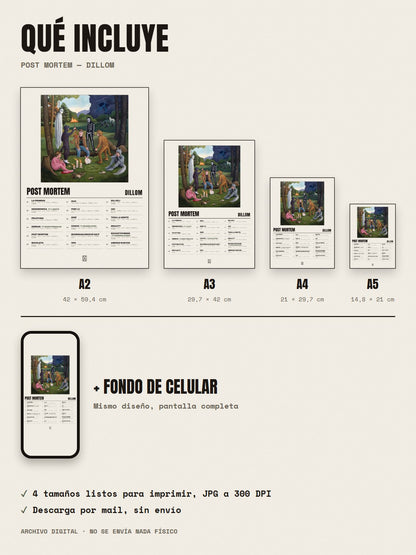 Qué incluye el póster de POST MORTEM de Dillom: A2, A3, A4, A5 y fondo de celular