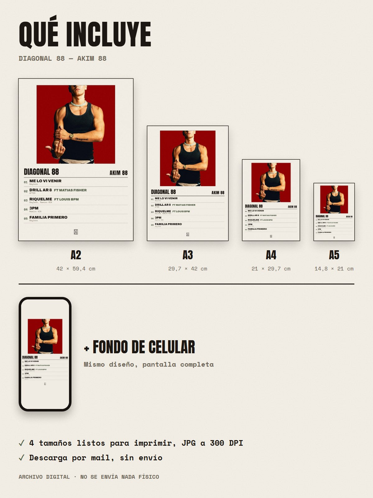 Qué incluye el póster de DIAGONAL 88 de Akim 88: A2, A3, A4, A5 y fondo de celular