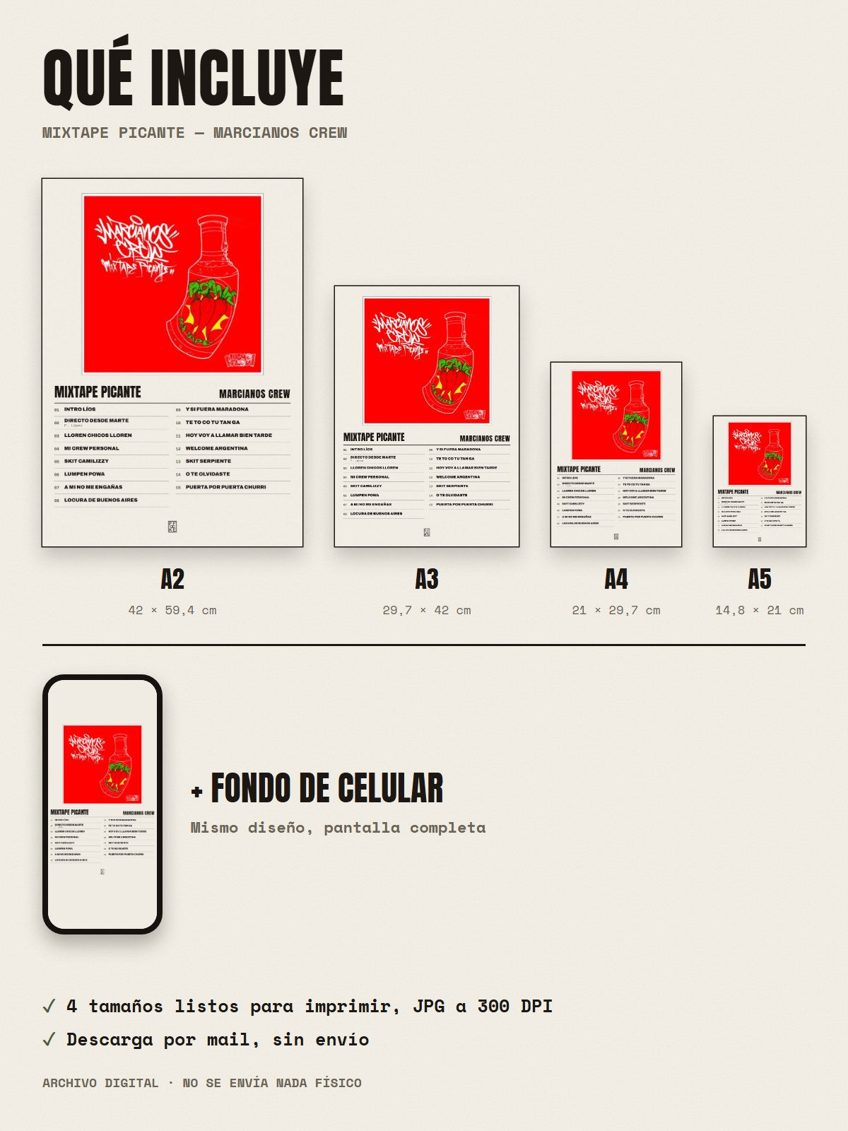Qué incluye el póster de Mixtape Picante de Marcianos Crew: A2, A3, A4, A5 y fondo de celular