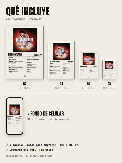 Qué incluye el póster de SIN PRONTUARIO de Pekeño 77: A2, A3, A4, A5 y fondo de celular