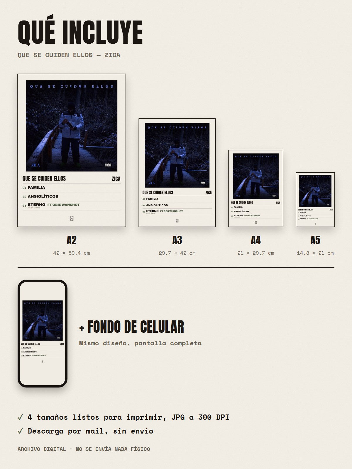 Qué incluye el póster de Que Se Cuiden Ellos de Zica: A2, A3, A4, A5 y fondo de celular