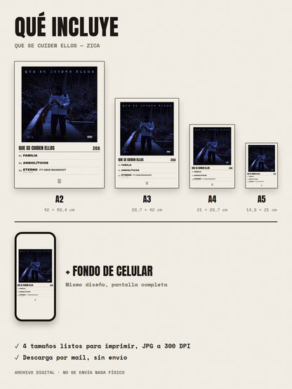 Qué incluye el póster de Que Se Cuiden Ellos de Zica: A2, A3, A4, A5 y fondo de celular