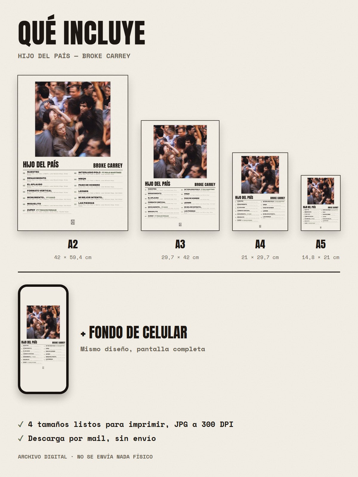 Qué incluye el póster de HIJO DEL PAÍS de Broke Carrey: A2, A3, A4, A5 y fondo de celular