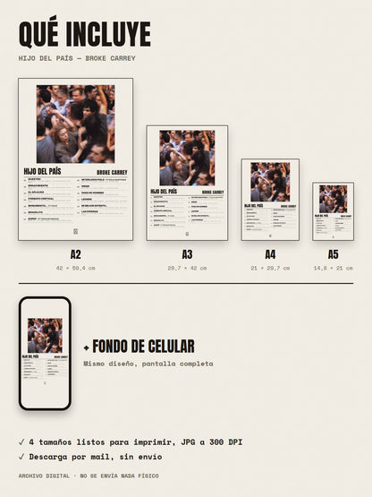 Qué incluye el póster de HIJO DEL PAÍS de Broke Carrey: A2, A3, A4, A5 y fondo de celular