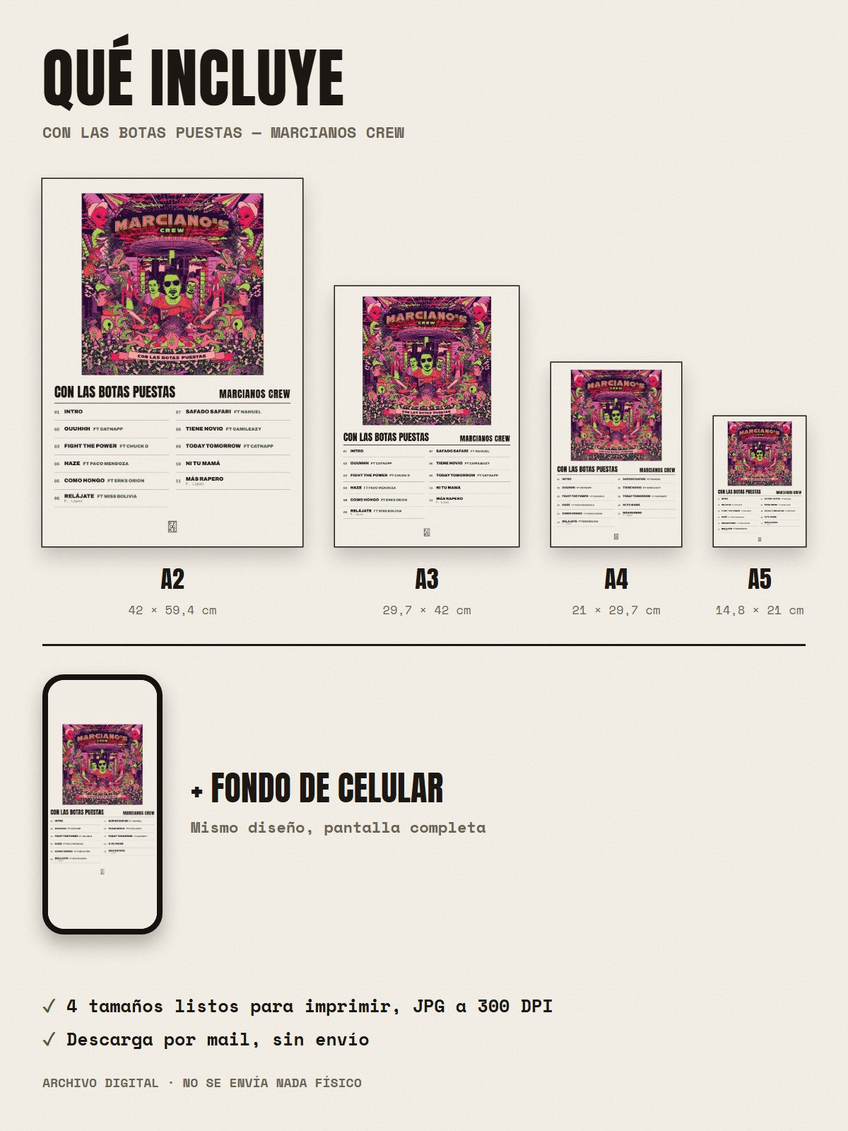 Qué incluye el póster de Con las Botas Puestas de Marcianos Crew: A2, A3, A4, A5 y fondo de celular