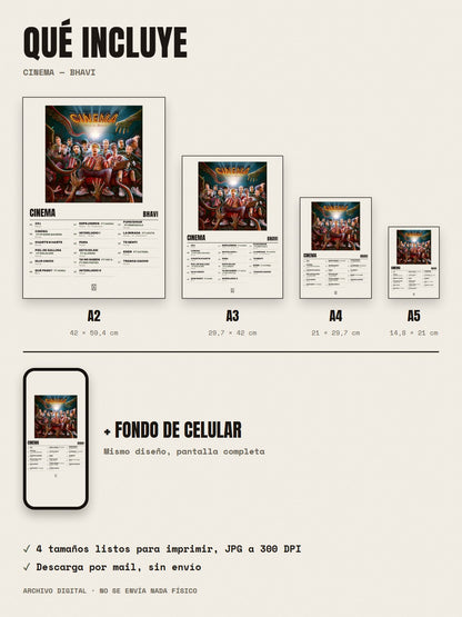 Qué incluye el póster de CINEMA de Bhavi: A2, A3, A4, A5 y fondo de celular