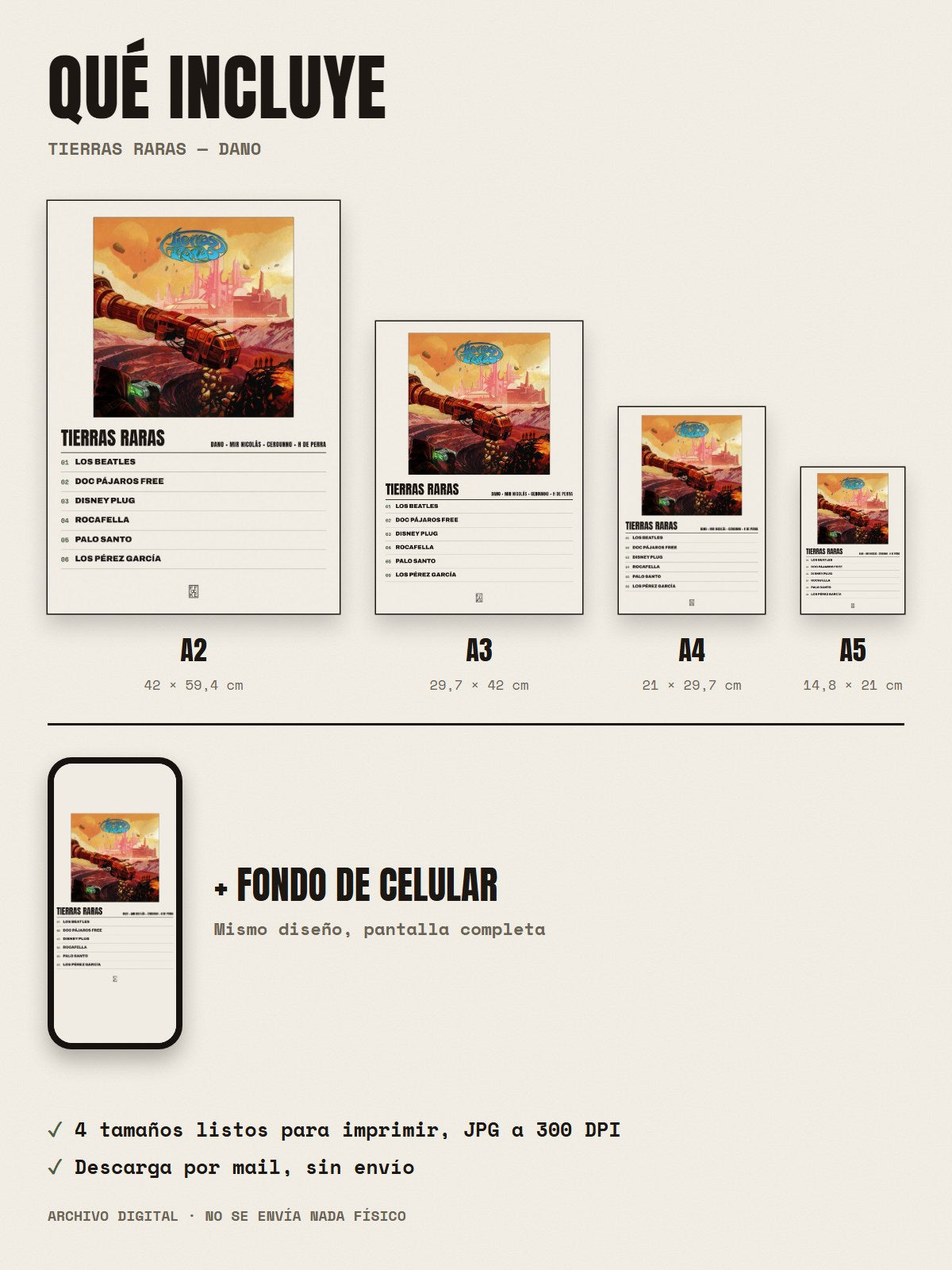 Qué incluye el póster de Tierras Raras de Dano × Mir Nicolás × Cerounno × H de Perra: A2, A3, A4, A5 y fondo de celular