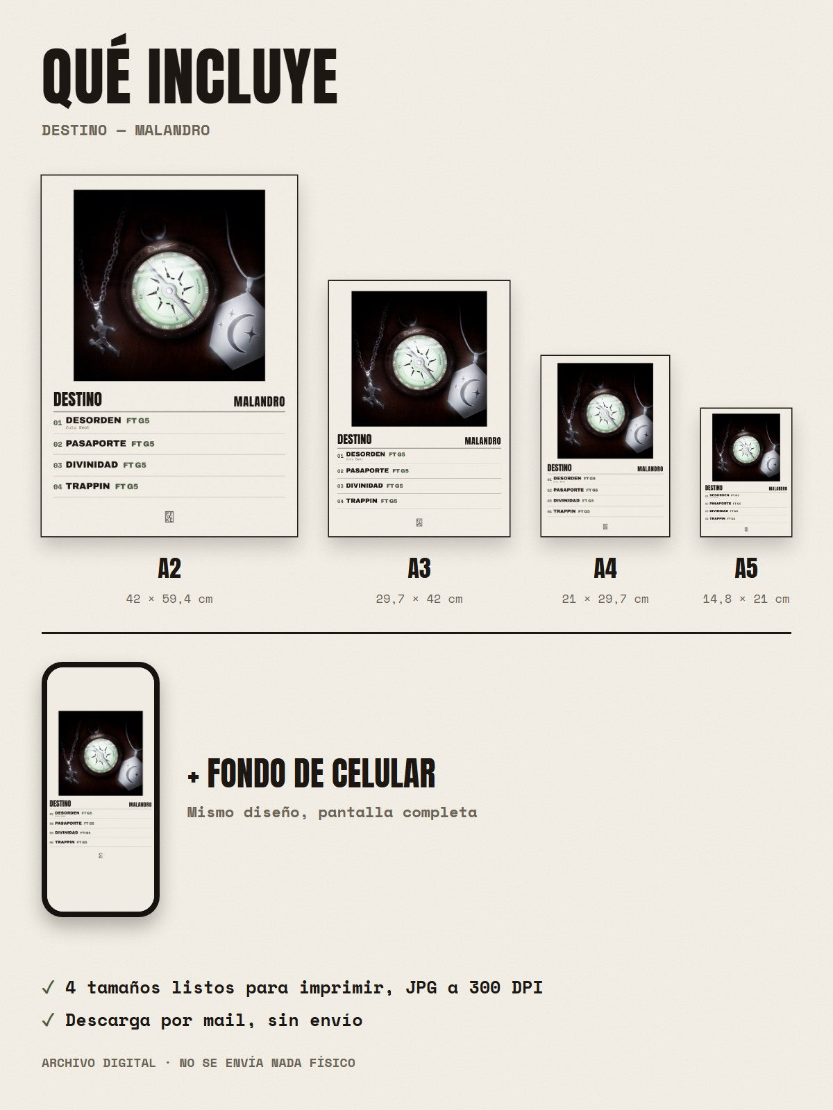 Qué incluye el póster de Destino de Malandro: A2, A3, A4, A5 y fondo de celular