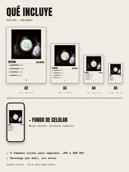 Qué incluye el póster de Destino de Malandro: A2, A3, A4, A5 y fondo de celular