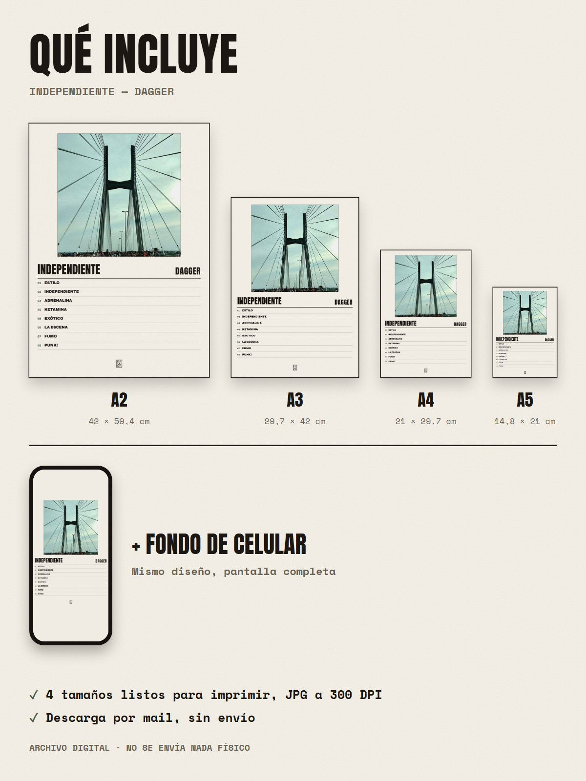 Qué incluye el póster de Independiente de Dagger: A2, A3, A4, A5 y fondo de celular
