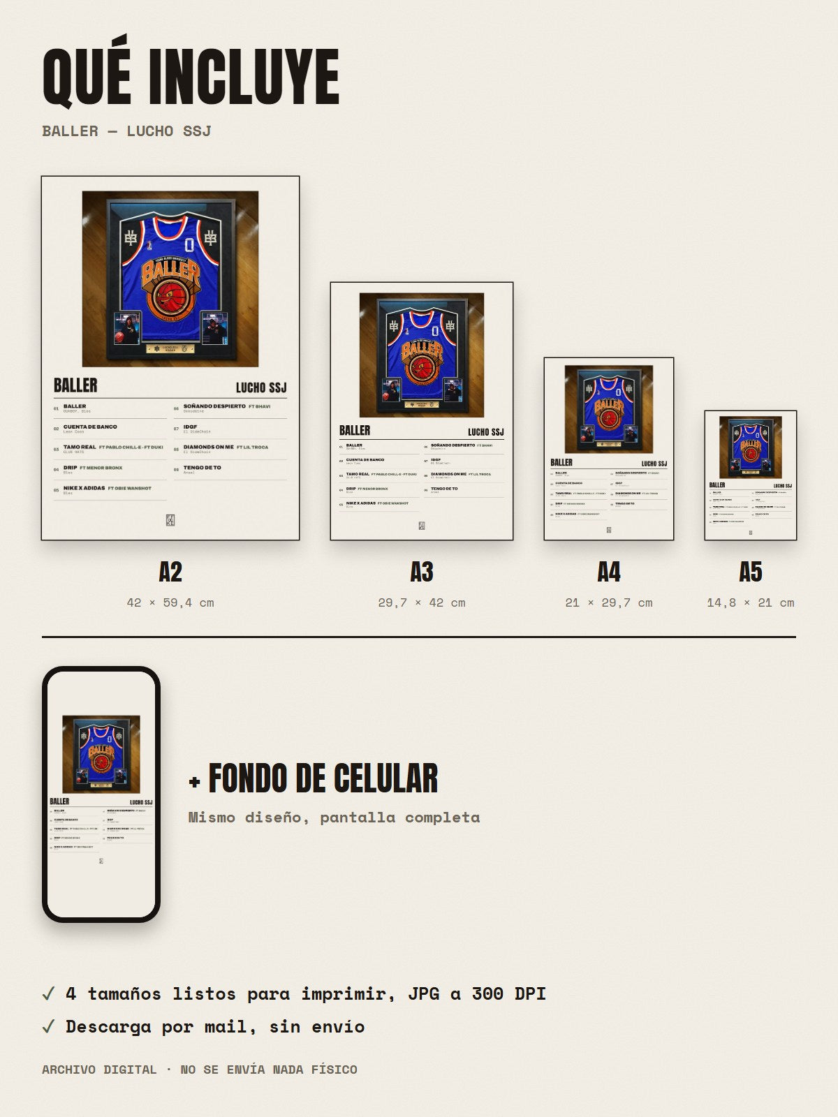Qué incluye el póster de Baller de Lucho SSJ: A2, A3, A4, A5 y fondo de celular