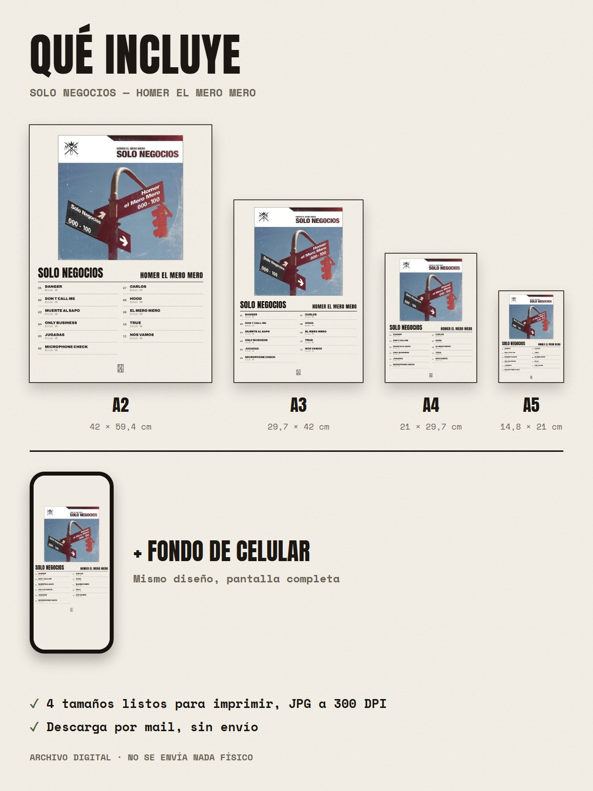 Qué incluye el póster de Solo Negocios de Homer El Mero Mero: A2, A3, A4, A5 y fondo de celular