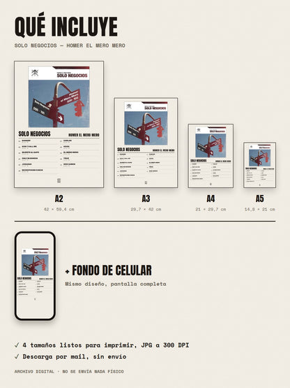 Qué incluye el póster de Solo Negocios de Homer El Mero Mero: A2, A3, A4, A5 y fondo de celular