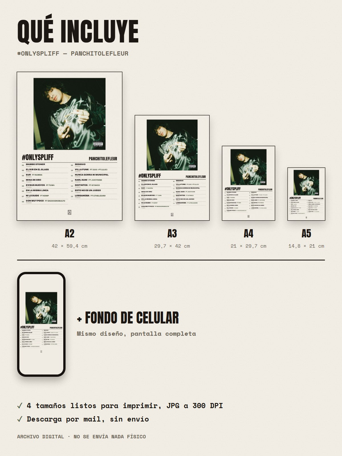 Qué incluye el póster de #ONLYSPLIFF de PanchitoLeFleur: A2, A3, A4, A5 y fondo de celular