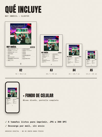 Qué incluye el póster de MUY IMBÉCIL de Clúster: A2, A3, A4, A5 y fondo de celular