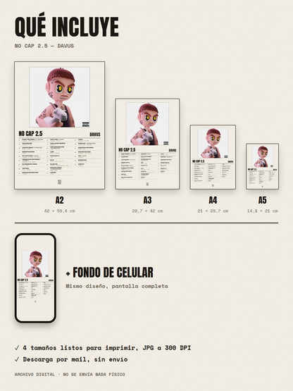 Qué incluye el póster de No Cap 2.5 de Davus: A2, A3, A4, A5 y fondo de celular