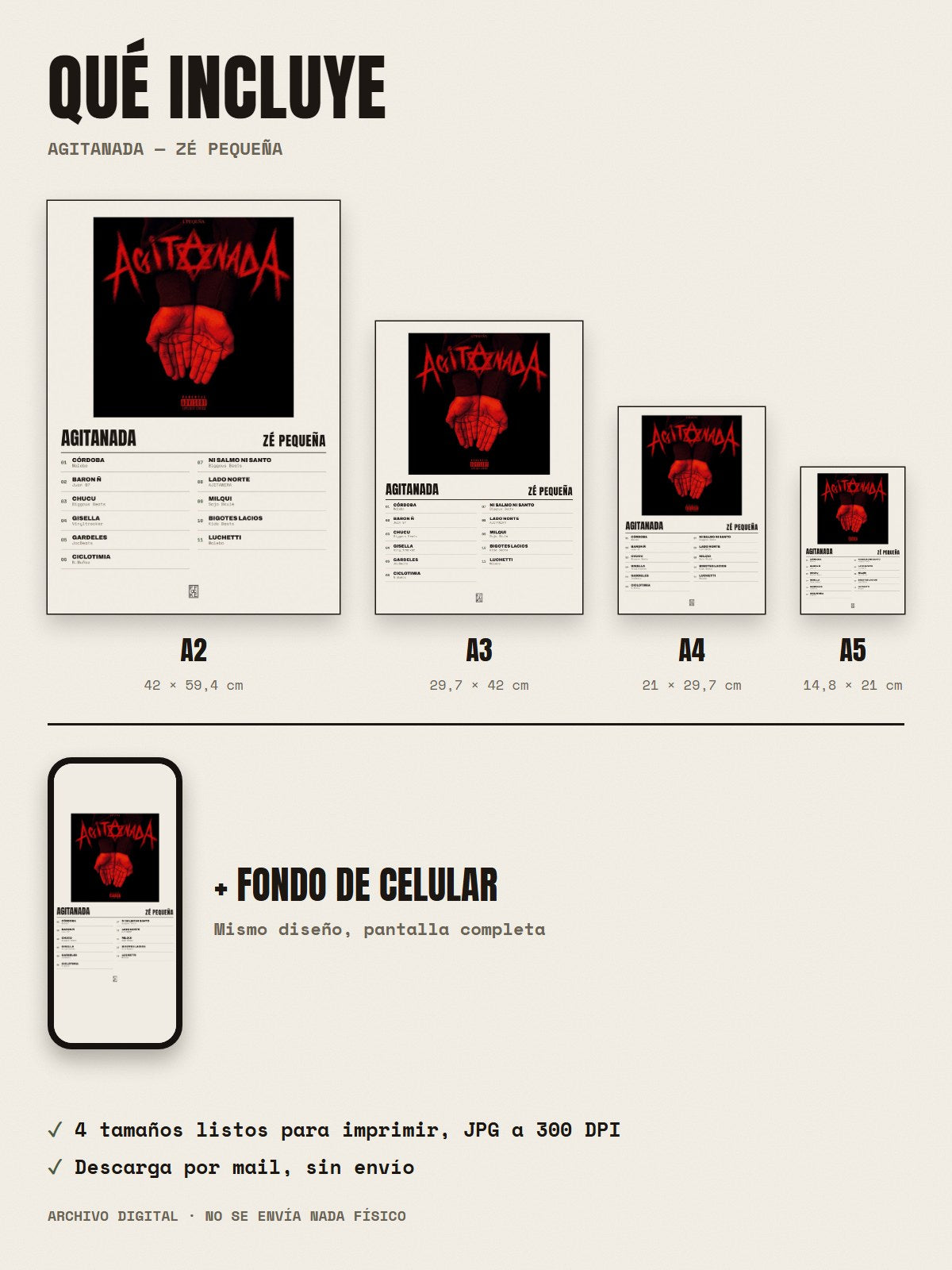 Qué incluye el póster de AGITANADA de Zé Pequeña: A2, A3, A4, A5 y fondo de celular