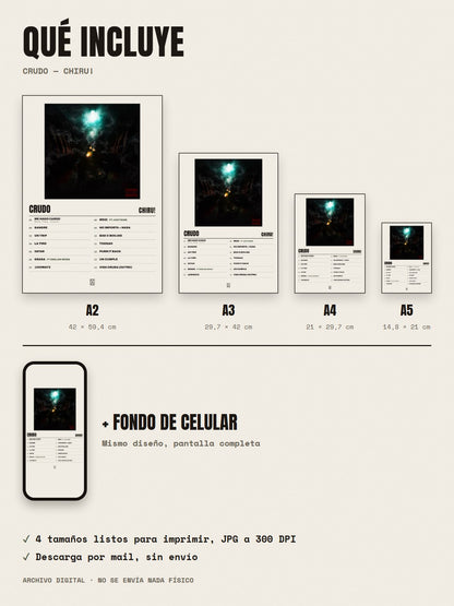 Qué incluye el póster de Crudo de Chiru!: A2, A3, A4, A5 y fondo de celular