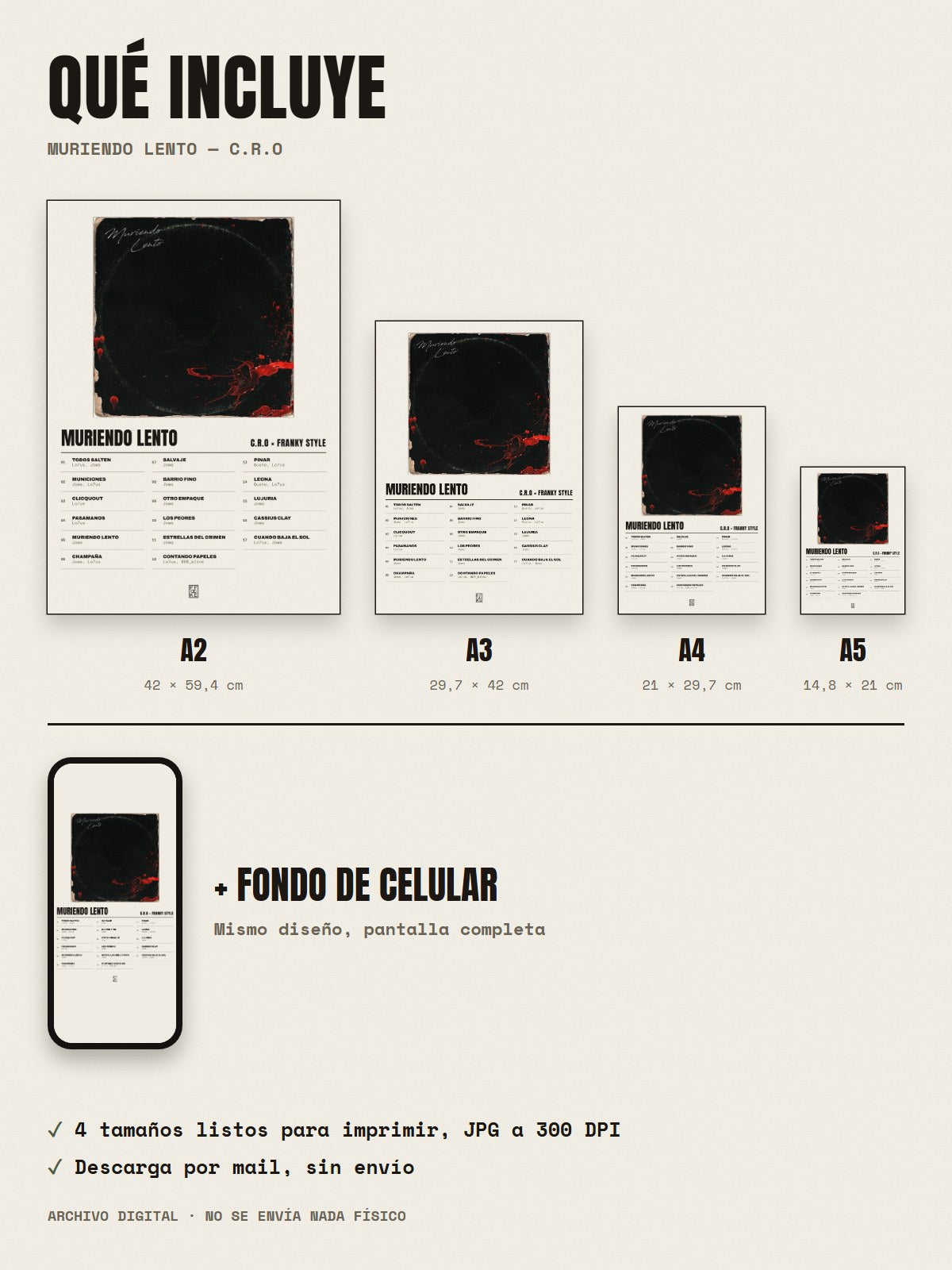 Qué incluye el póster de Muriendo Lento de C.R.O × Franky Style: A2, A3, A4, A5 y fondo de celular