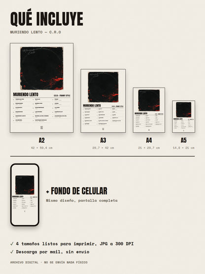 Qué incluye el póster de Muriendo Lento de C.R.O × Franky Style: A2, A3, A4, A5 y fondo de celular