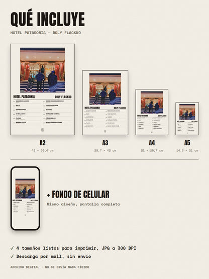 Qué incluye el póster de Hotel Patagonia de Doly Flackko: A2, A3, A4, A5 y fondo de celular