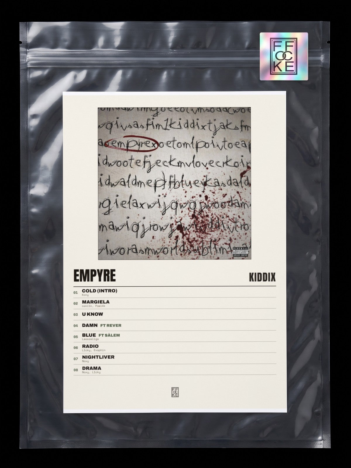 Póster de Empyre de KiddiX en una bolsa sellada con sticker FFOCKE