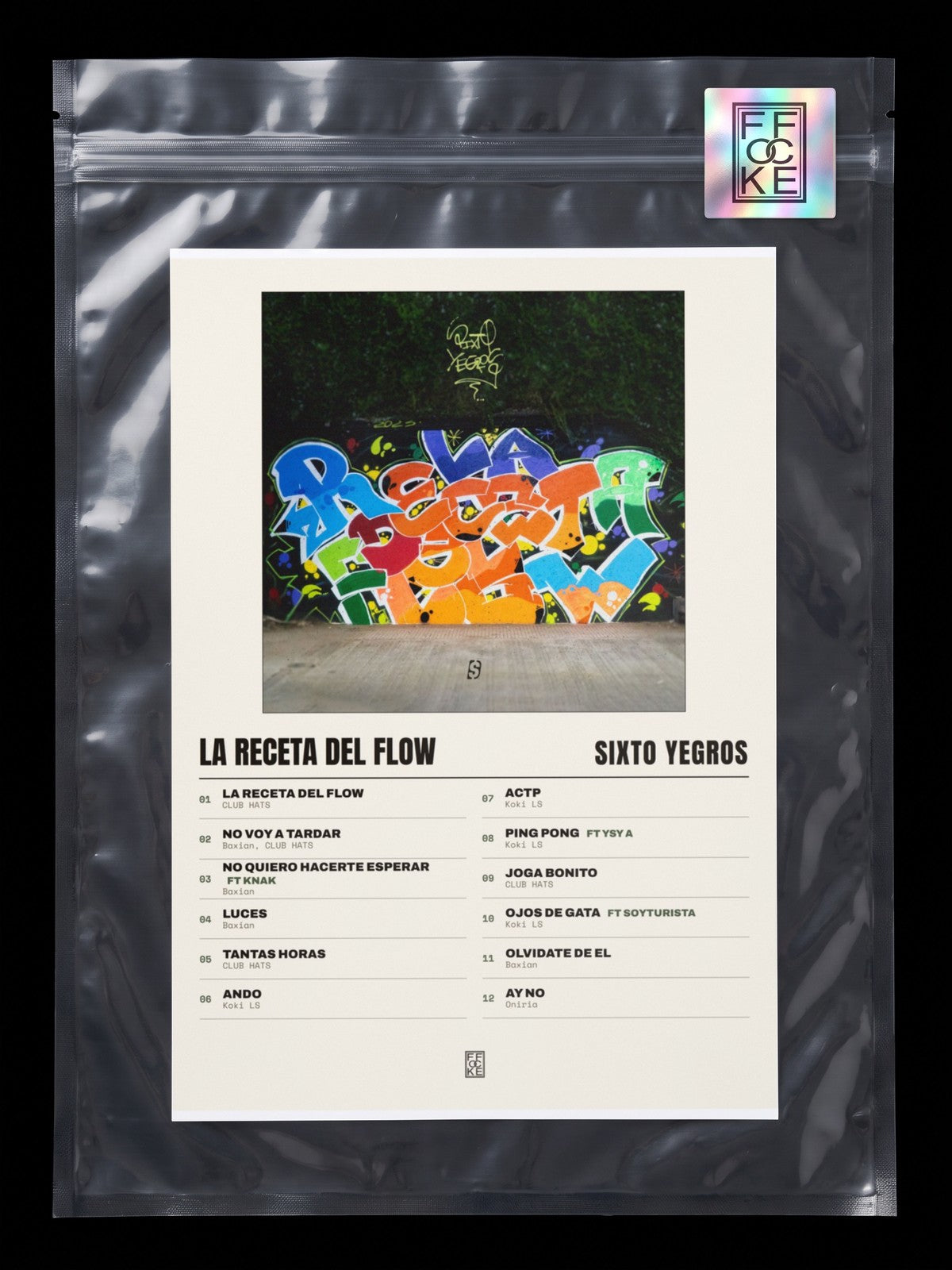 Póster de LA RECETA DEL FLOW de Sixto Yegros en una bolsa sellada con sticker FFOCKE