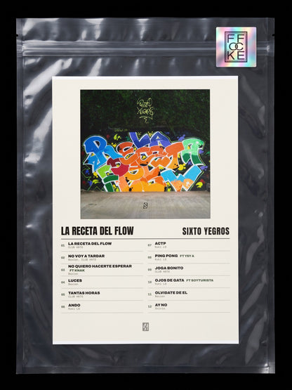 Póster de LA RECETA DEL FLOW de Sixto Yegros en una bolsa sellada con sticker FFOCKE