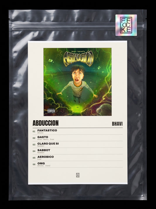 Póster de ABDUCCION de Bhavi en una bolsa sellada con sticker FFOCKE
