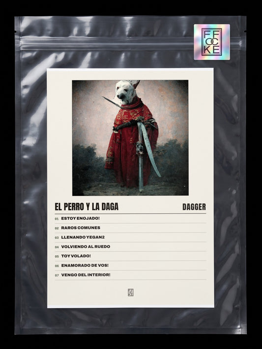 Póster de El Perro y la Daga de Dagger en una bolsa sellada con sticker FFOCKE