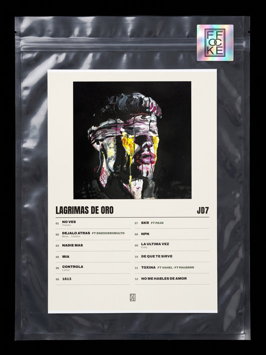 Póster de Lagrimas de Oro de JD7 en una bolsa sellada con sticker FFOCKE