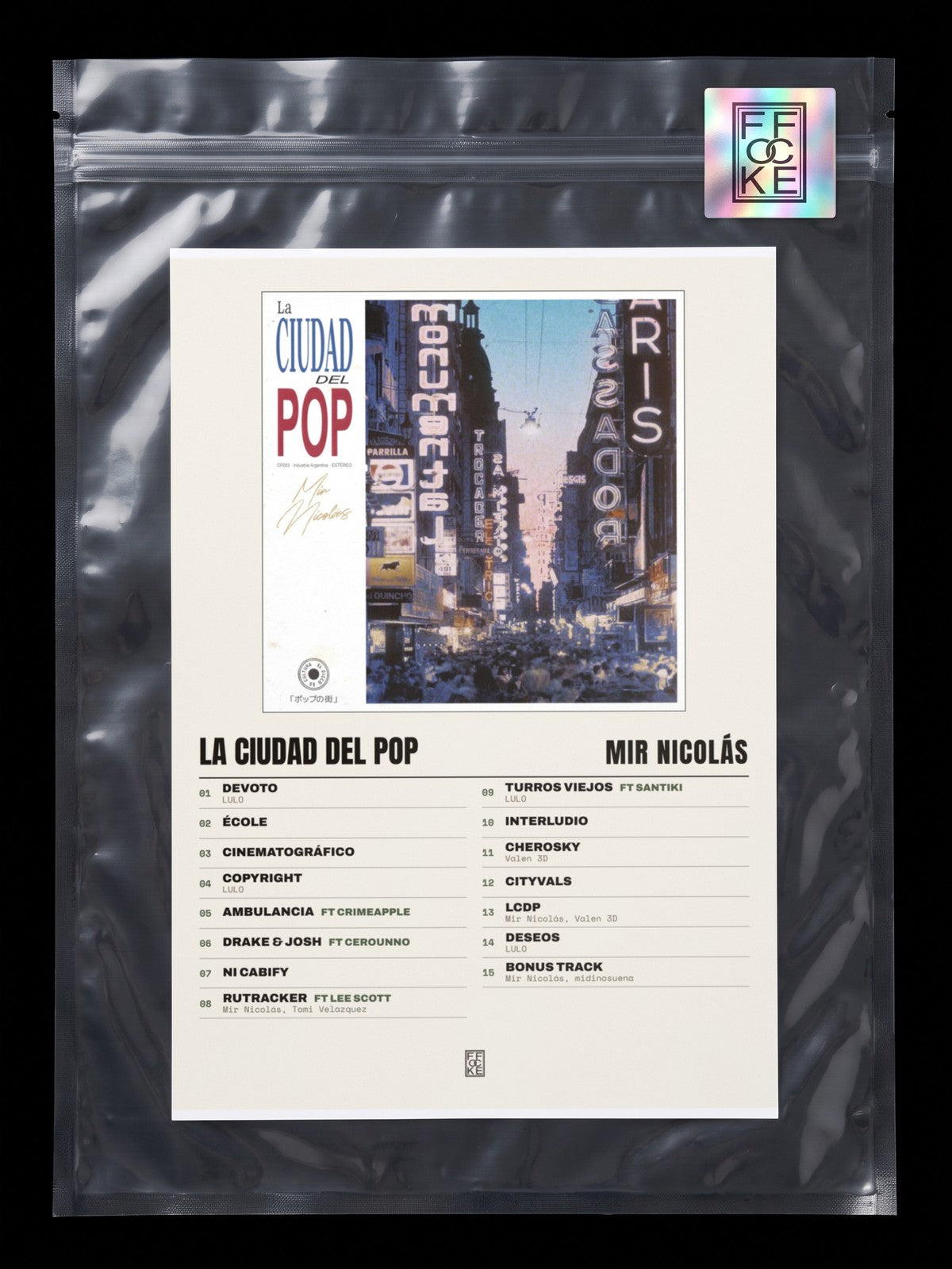 Póster de La Ciudad del Pop de Mir Nicolás en una bolsa sellada con sticker FFOCKE