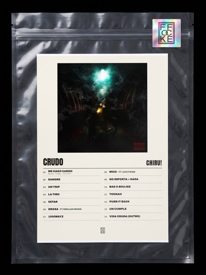 Póster de Crudo de Chiru! en una bolsa sellada con sticker FFOCKE