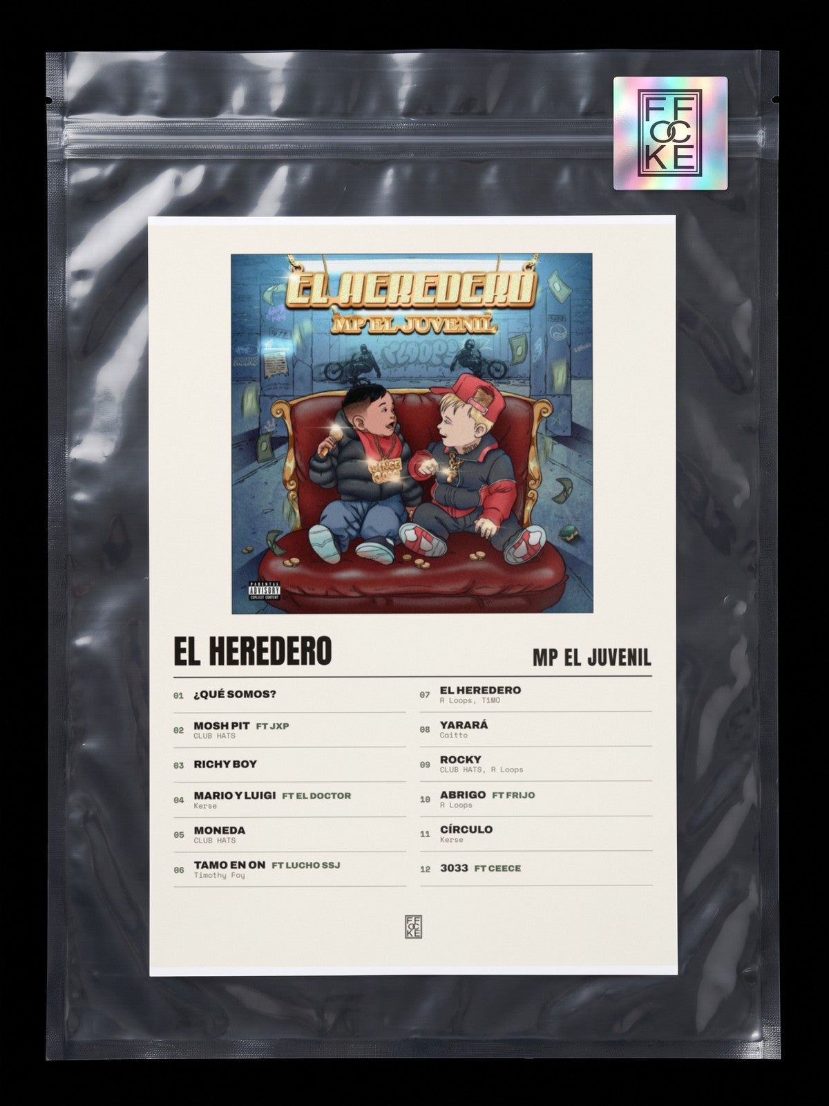 Póster de El Heredero de MP El Juvenil en una bolsa sellada con sticker FFOCKE