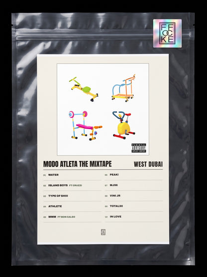 Póster de MODO ATLETA THE MIXTAPE de WEST DUBAI en una bolsa sellada con sticker FFOCKE