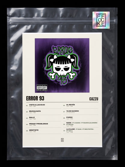 Póster de Error 93 de Cazzu en una bolsa sellada con sticker FFOCKE