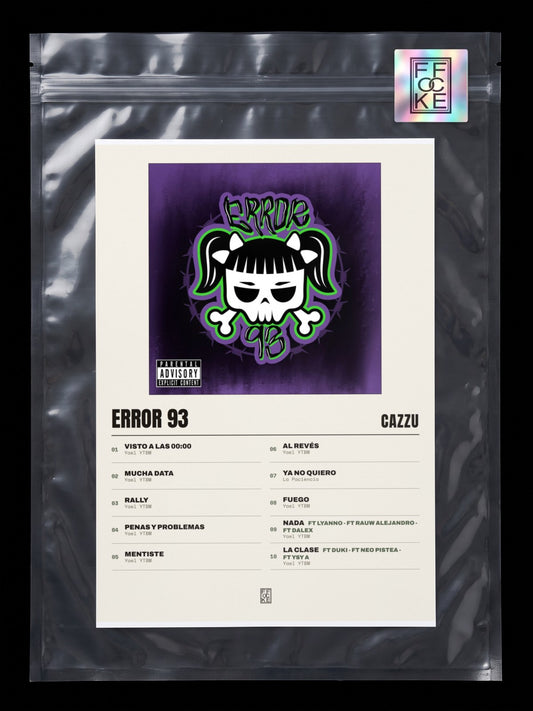 Póster de Error 93 de Cazzu en una bolsa sellada con sticker FFOCKE