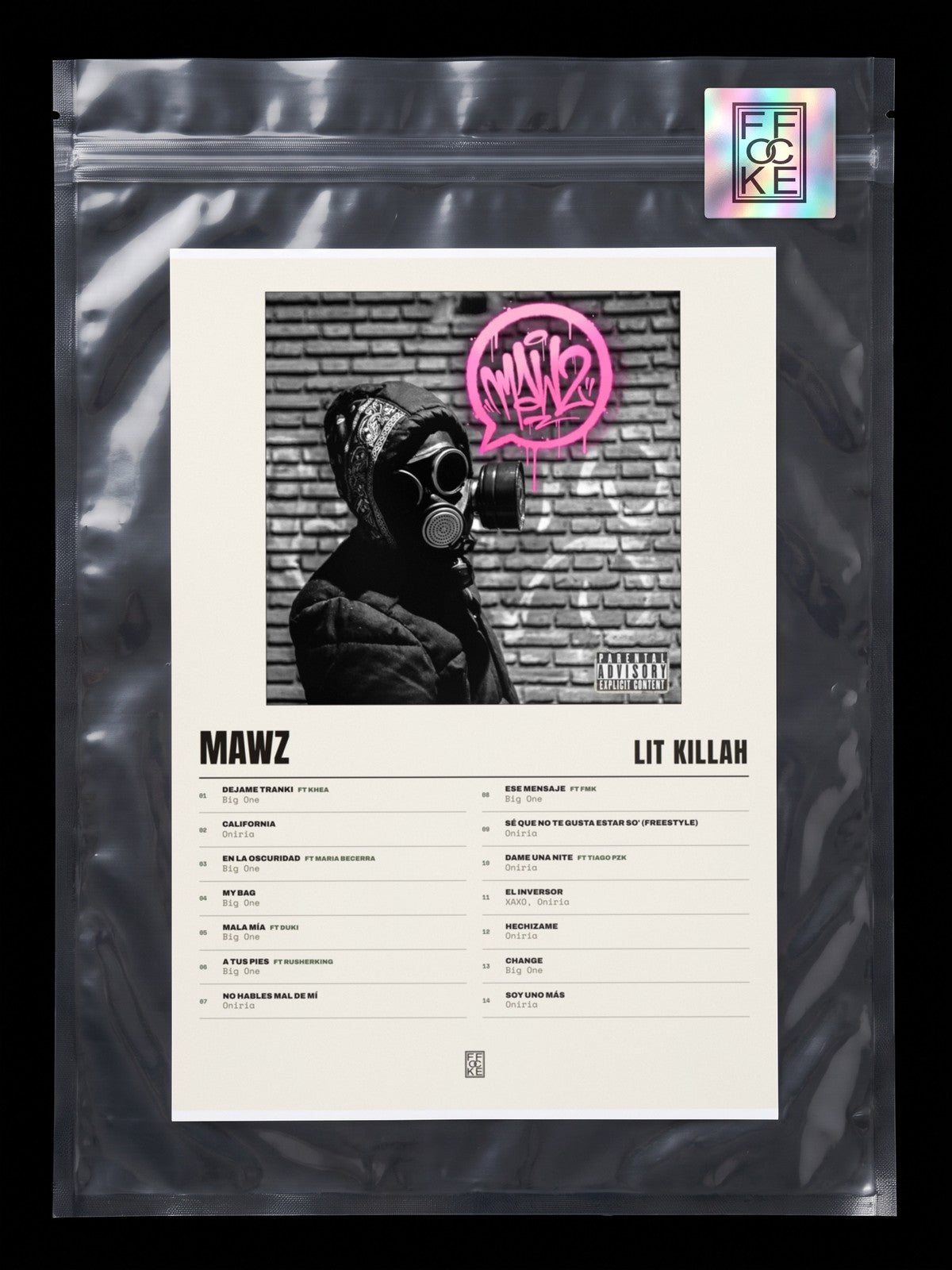 Póster de MAWZ de LIT killah en una bolsa sellada con sticker FFOCKE