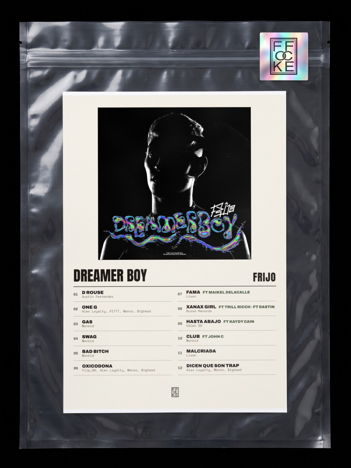 Póster de Dreamer Boy de Frijo en una bolsa sellada con sticker FFOCKE
