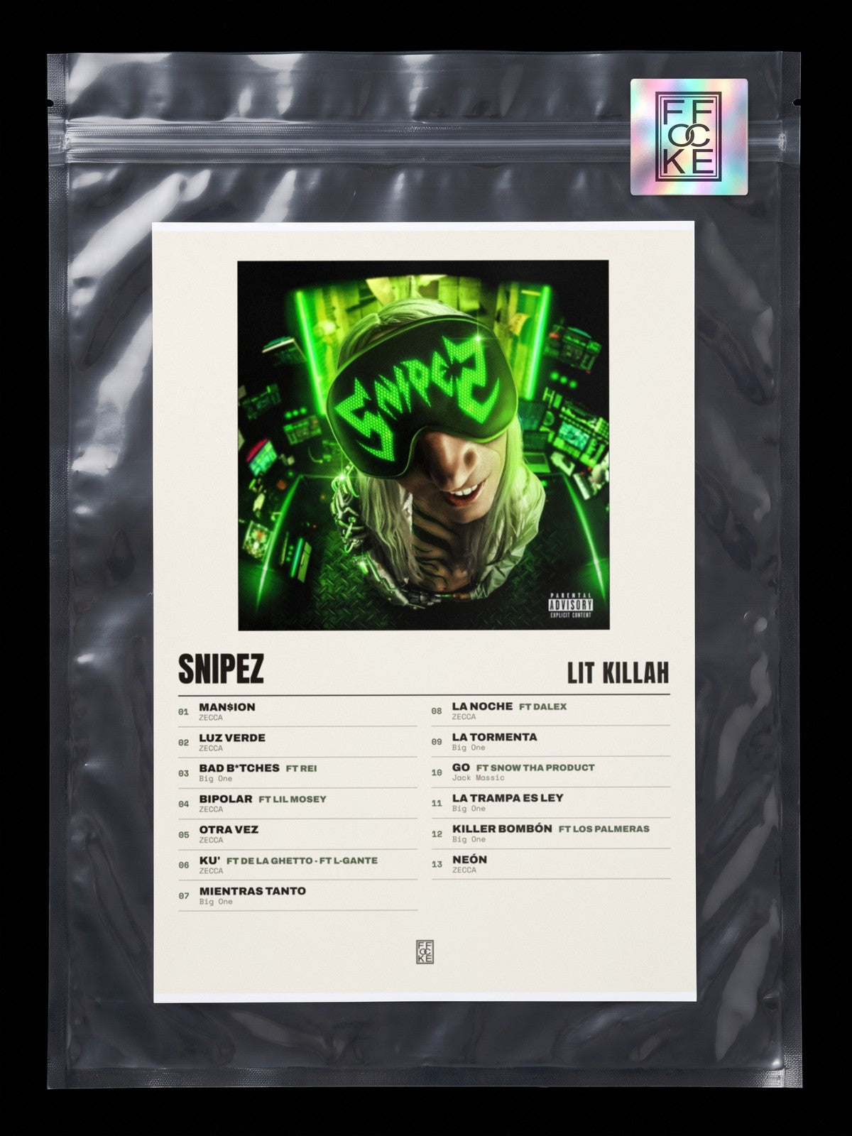 Póster de SnipeZ de LIT killah en una bolsa sellada con sticker FFOCKE