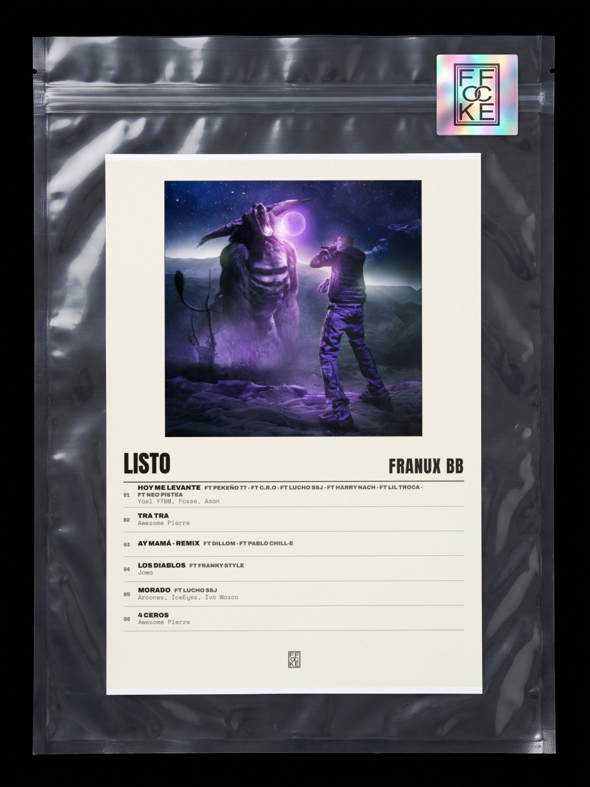 Póster de LISTO de Franux BB en una bolsa sellada con sticker FFOCKE