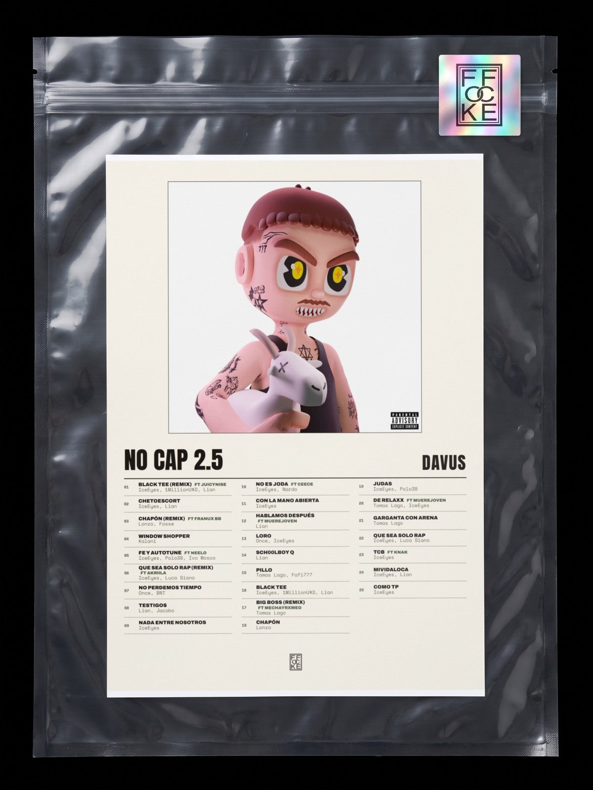 Póster de No Cap 2.5 de Davus en una bolsa sellada con sticker FFOCKE
