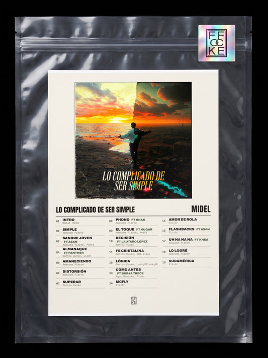 Póster de Lo Complicado de Ser Simple de Midel en una bolsa sellada con sticker FFOCKE