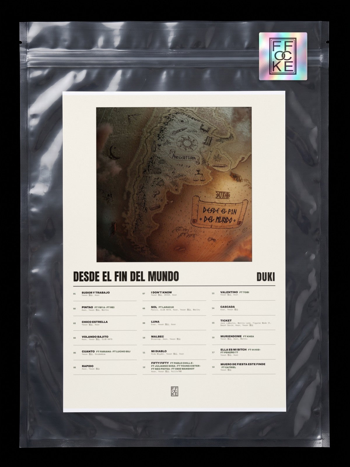 Póster de Desde el Fin del Mundo de Duki en una bolsa sellada con sticker FFOCKE